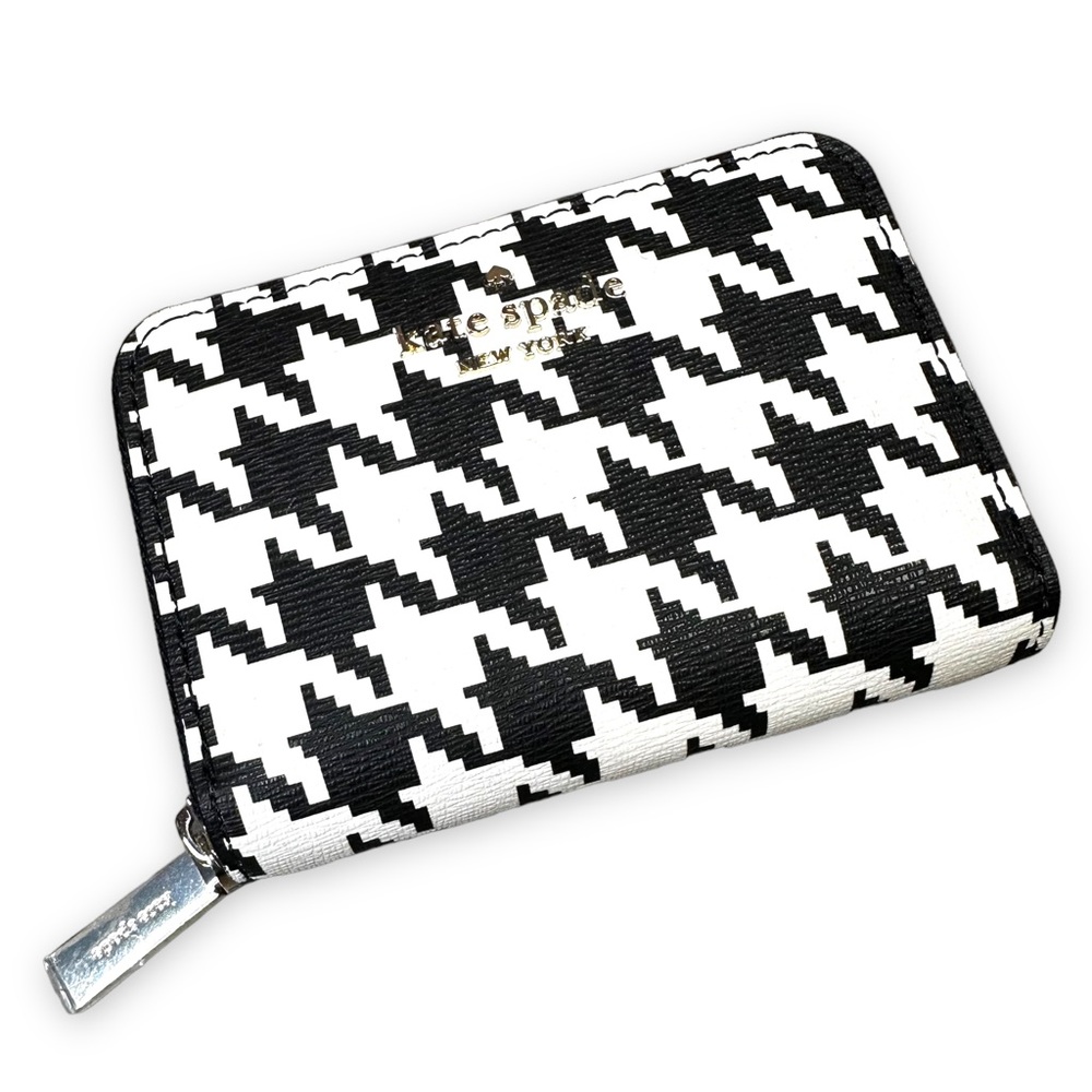 Kate Spade Darcy Small Zip Around Card Case Wallet Houndstooth Black & White